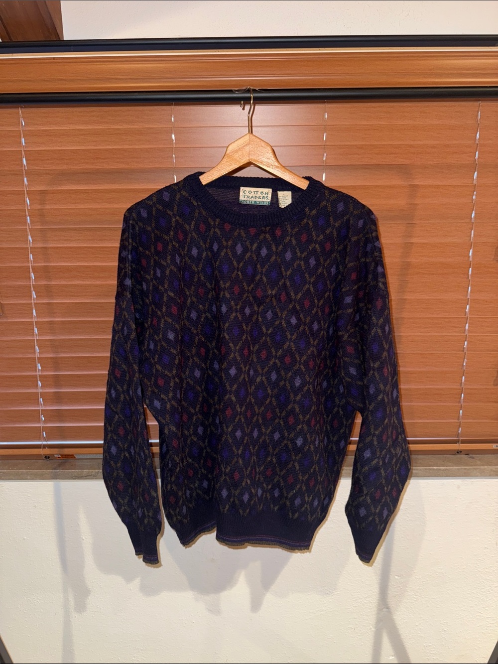 Men's Cotton Traders Grandpa core Navy Diamond-Pattern Crewneck Sweater